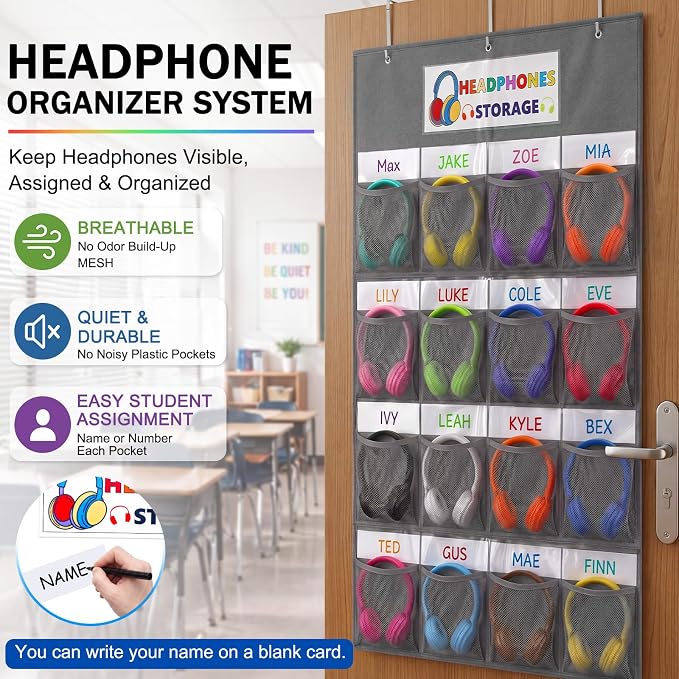 AmazingSpark 16 Pockets Classroom Headphone Storage Thickened Non-woven Fabric Mesh Pocket Chart Over The Door Hanging Cell Phone Organizer with Signed Card for Back to School Classroom Library, Gray
