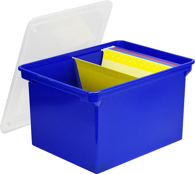 Storex Plastic File Tote, Letter/Legal Files, 18.5" X 14.25" X 10.88", Blue/Clear
