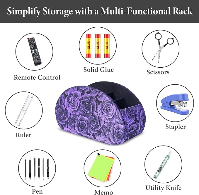 Remote Control Holder, PU Leather Remote Caddy Desktop Organizer with 5 Spacious Compartments for TV Remotes/Media Controllers/Office Supplies (1-3D Rose Purple