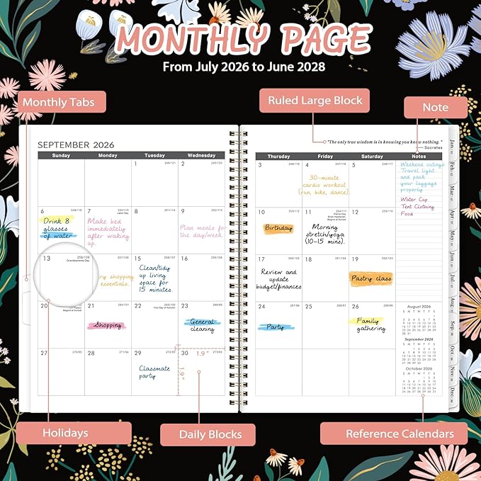 Monthly Planner 2026-2028 - 2 Year Planner 2026-2028, July 2026 - June 2028, 2 Years Monthly Planner, 9" x 11", Monthly Calendar Planners with Inner Pocket, Twin-wire Binding, Tabs
