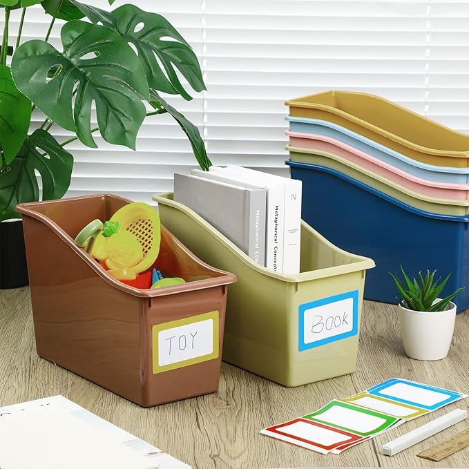 Jinei 24 Pack Boho Neutral Book Bins for Classroom Decor Bulk Plastic Bins with Name Labels Assorted Color Organization Book Bin Baskets Teacher Storage Boxes for Classroom Office