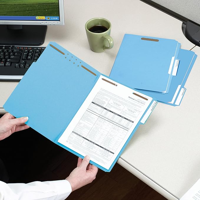 Smead Fastener File Folders, Reinforced 1/3-Cut Tabs, 2 Fasteners, Letter Size, Blue, 50 per Box (12040)