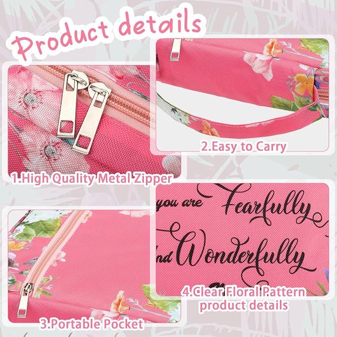 Yaomiao Bible Cover Case for Women Girls Large Bible Bag with Flowers Printing Carrying Case with Handle, 8 Pens, 90 Tabs Cover Bag Portable with Bookmarks for Study Christian Gift(Delicate Style)