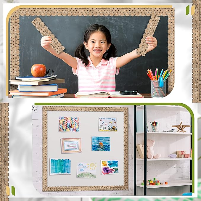 Leinuosen 50.5 ft Bulletin Board Border 44 Pcs Squiggles and Dots Die Cut Border Trims with 20 Sheet Glue Point Dots Bulletin Back to School Decoration for Classroom School Office(Burlap)