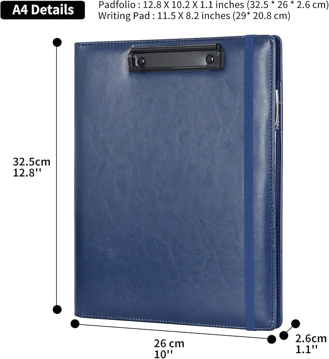 Wonderpool A4 PU Leather Clipboard Partfolio Notepad Forms Holders Document Case - Interview Planner Meeting Writing Padfolio File for Office Travel School Hotel Hospital (A4,Blue)