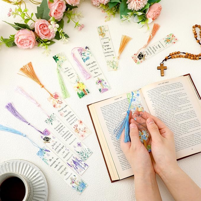30 Pcs Spanish Bible Verse Acrylic Bookmarks - Inspirational Bulk Bookmarks with Tassel for Back to School, Christian Religious Gifts for Students Teachers Classroom, School Office Study Supplies