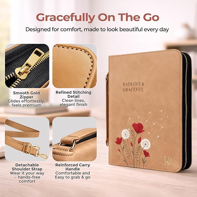 Bible Covers for Women – Durable PU Leather Bible Case with Thumb Page Holder & Shoulder Strap – Christian Gifts for Women and Elegant Leather Book Cover for Church & Study