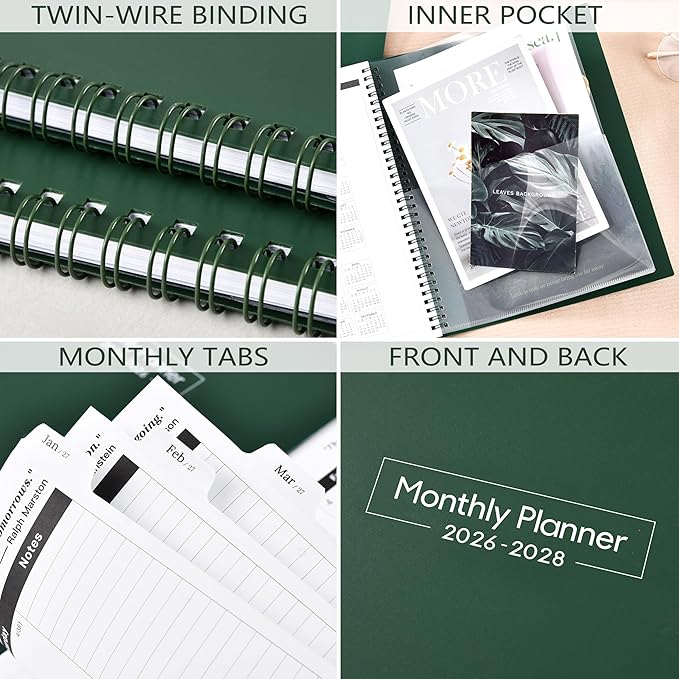 2026-2028 Monthly Planner - 2-Year Monthly Planner from Jul 2026 to Jun 2028, 8.5'' x 11'', 2026-2028 Planners, Inner Pocket, 24 Tabs - Army Green
