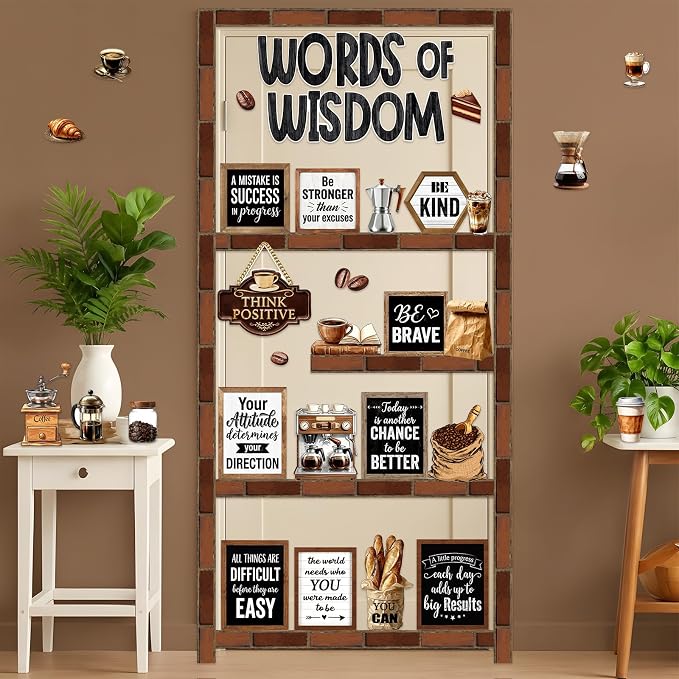 Mooliwe 57 Pcs Coffee Bulletin Board Set Industrial Coffee Shop Inspirational Classroom Decoration Cutout for School Office Chalkboard Door Wall Decor