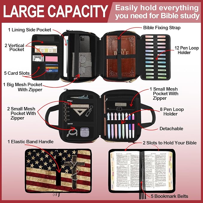 American Flag Cross Bible Cover Case for Women Men Boys,Large Bible Bag Book Carrying Case with Strap Handle Zipper Pocket,Bible Study Supplies Journaling Kit,Bible Organizer Holder Bag,Christian Gift