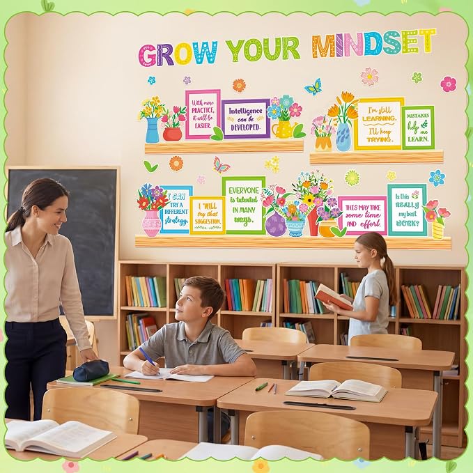 Qilery Growth Mindset Bulletin Board Set - Spring Floral Classroom Decorations & Positive Affirmation Wall Art, Motivational Potted Plant Cutouts for Teacher & Elementary School Counselor