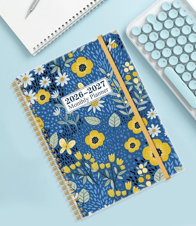 Monthly Planner 2026-2027 – Monthly Calendar from May 2026 to December 2027, 20 Month Planner with Spiral Binding, Inner Pocket, Elastic Closure, 8.5" x 11", Flower-C