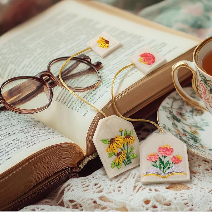 Honoson 6 Pcs Bookmarks Tea Party Favors Garden Coquette Design Bookmarks Cute Hand Embroidered Gift for Women Mom Mother's Day Book Reading Lovers Gift (Flower,Felt)