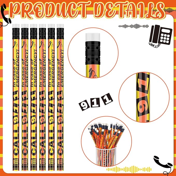 Eersida 200 Pcs ''call 911 in Case of Emergency'' Pencils Emergency Awareness Pencils Bulk with Erasers for Students Teacher Classroom, Community Programs, First Responders, Safety Education
