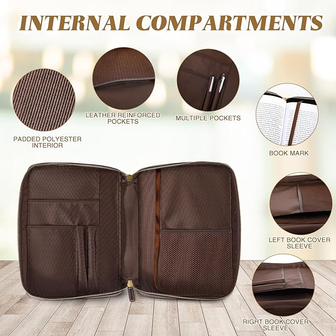 Top Grain Leather Bible Cover for Men Women Buffalo Genuine Leather Bible Case Book Holder Bag with Zipper Handle Back Pocket Bookmark Father's Day Religious Gift(Dark Brown,Large,Classic)