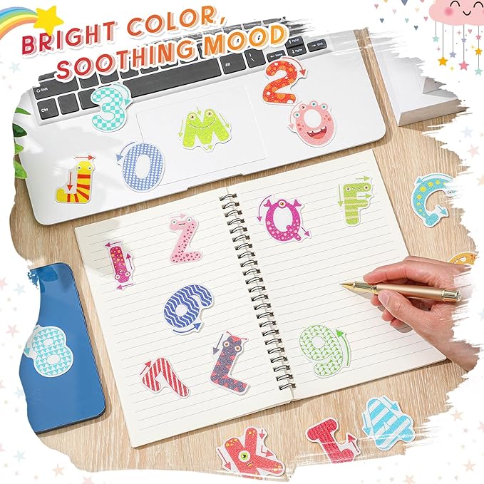 Gersoniel 36 Pcs Anxiety Sensory Stickers Strips Adhesive Textured Mental Health Calm Stickers Mindfulness Fidget Decals Stress Anxiety Relief Items for Therapy Office Desk(Letters and Number)