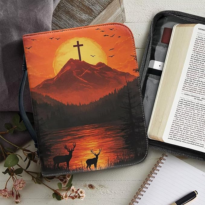 Bible Study Supplies Bible Cover for Men Cross Deer Sunset Print Leather Bible Cover case for Women Halloween Christmas Day or Christian Gifts for Women Church Bag(Holy Land Twilight)