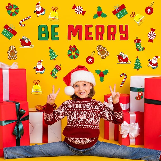 68 Pcs Christmas Classroom Bulletin Border Decor Set Christmas Cutouts Xmas Gingerbread Candy Classroom Decorations Be Merry Christmas Party Supplies for Kids Students Classroom Decors (Be Merry)