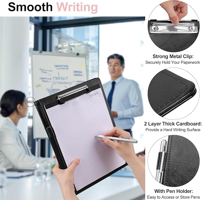 Padfolio with Clipboard, PU Leather Business Portfolio Binder, Interview Resume Folder with Card Holder, A4 Letter Document Organizer Included Writing Note Pad for School Office Conference (Black)