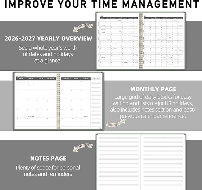 Monthly Planner Jan 2026 - Dec 2027, Calendar Planner for 24 Months, 9×11 Inch, Teacher Monthly, Waterproof PVC Cover, Spiral Bound, Time Management Calendar, Perfect for School & Office (Green)