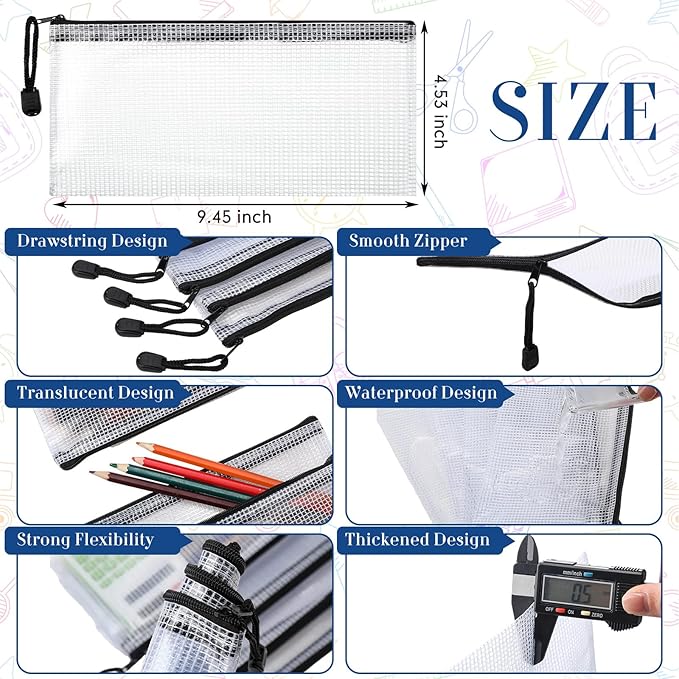 Sherr 120 Pcs Mesh Zipper Pouch A6 Pencil Pouches Bulk Small Clear Mesh Bags with Zipper 9.45'' x 4.53'' Waterproof File Bag Pencil Case for School Office Travel Organization(White and Black)