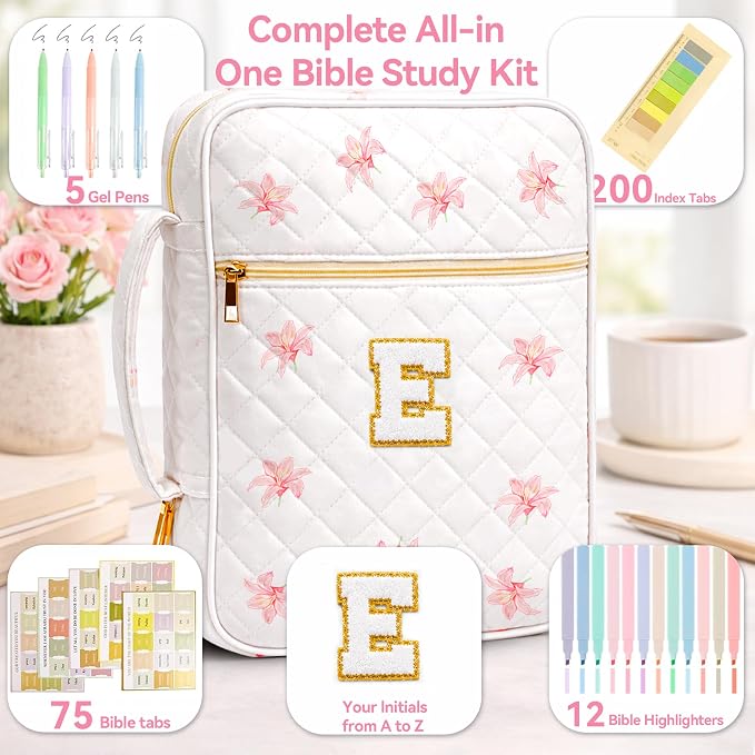 Bible Bag for Women, Bible Cover Case with Study Supplies, Initials Personalized Quilted Bible Bag, Large Chenille Bible Cover – Christian Gift for Girls (Pink Lilies-E)