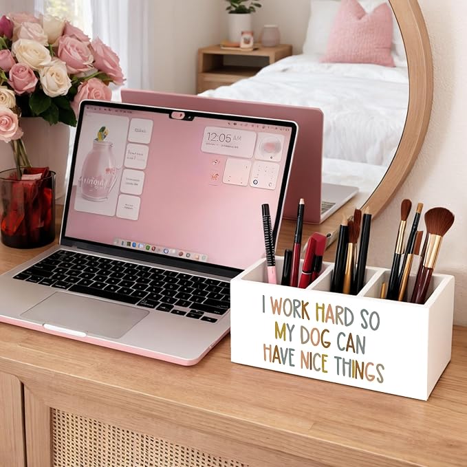 I Work Hard So My Dog Can Have Nice Things Desk Organizer, 3-Compartment Wooden Pencil Holder for Pens, Pencils, Scissors & Ruler, Cute Dog Quote Storage Box for Kids, Home & Office