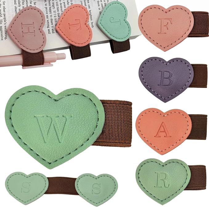 Personalized Magnetic Leather Heart Bookmark with Pen Holder - 26 Letters Custom Book Mark Notebook Pencil Loop with Initial Book Marker for Readers, Book Lovers- Gifts for Women Men(Green,W)