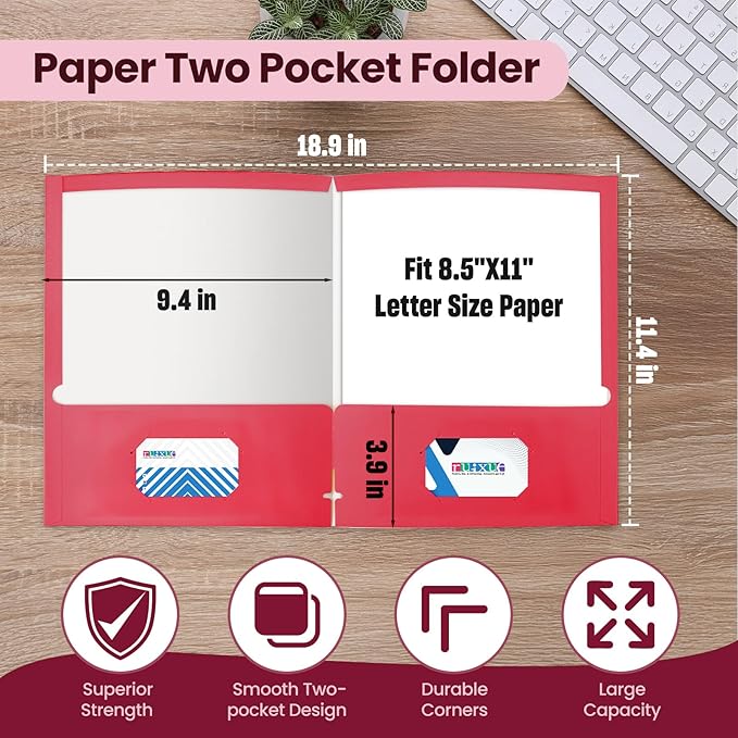 BIBRADAA® 50 Packs Red Folders with Pockets,2 Pocket Folders Surface with Waterproofing,Letter Size,Holds 100 Plus Sheets,for School,Office,Business. (50, Red)