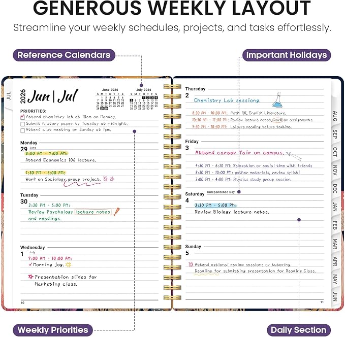 Planner 2026–2027, Academic Year Monthly & Weekly Calendar Book, Jul 2026–Jun 2027, Hardcover Organizer with Tabs, Student & Teacher Planner, 6.3" x 8.5", Mushroom Party