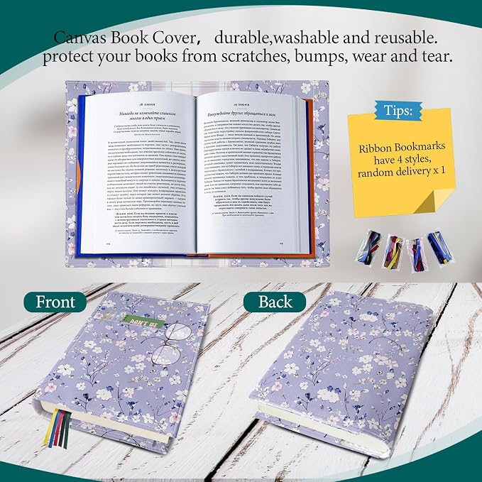 Book Cover Protector for Paperback,Adjustable Soft Canvas Fabric Book Cover with Pocket Bookmark,Double Side Print Book Dust Jacket Covers for Hardcover Book Lovers Gift Floral Purple L