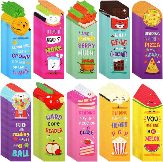 Eersida 120 Pieces Scratch and Sniff Scented Bookmarks Kids Fruit Food Theme Sayings Bookmarks Sayings Assorted Cute Scented Gifts for Students Teens Food Lovers, 10 Styles