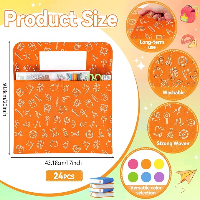 gisgfim 24 Pcs Chair Pockets for Classroom 17 x 20 Inch Colorful Stationery s with Name Tag Chairback Pouch Bag Organizer for Student Elementary School Daycare Supply