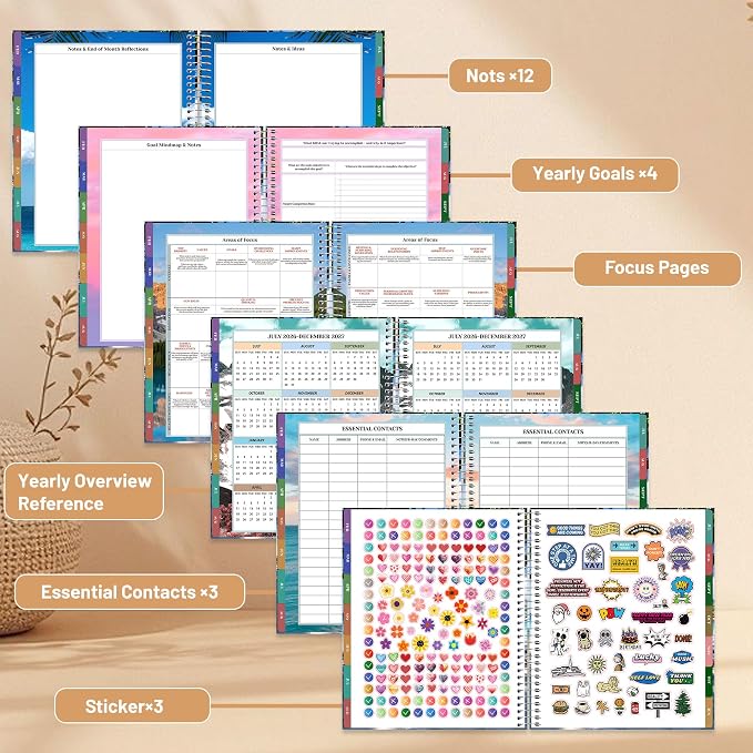 CAGIE Planner 2026-2027 Weekly and Monthly,18 Month (Jul. 26-Dec. 27) Planners Calendar with Hourly Timeslot, 10"x11.5", Large Hardcover Spiral Daily Planner with Tab for Work, Home,Teacher, Rainbow