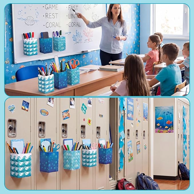 6 Pcs Ocean Classroom Decor Classroom Magnetic Storage Boxes Magnetic Storage Containers Plastics Pen Holder for Refrigerator Whiteboard Home Office School Organizer Supply