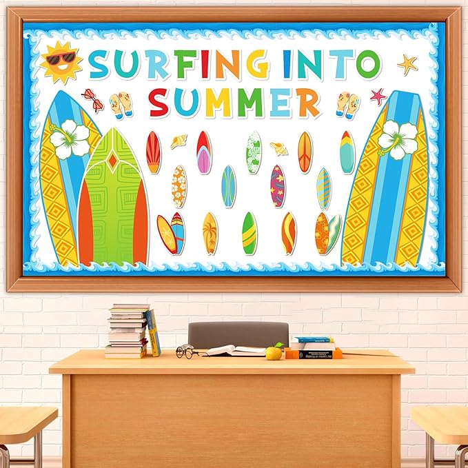 Summer Classroom Bulletin Board Decorations Surfboard Surfing Bulletin Board Set Surfing Into Summer Paper Cutouts for Surfboard Sign Teacher SClassroom School Home Kindergarten Supplies