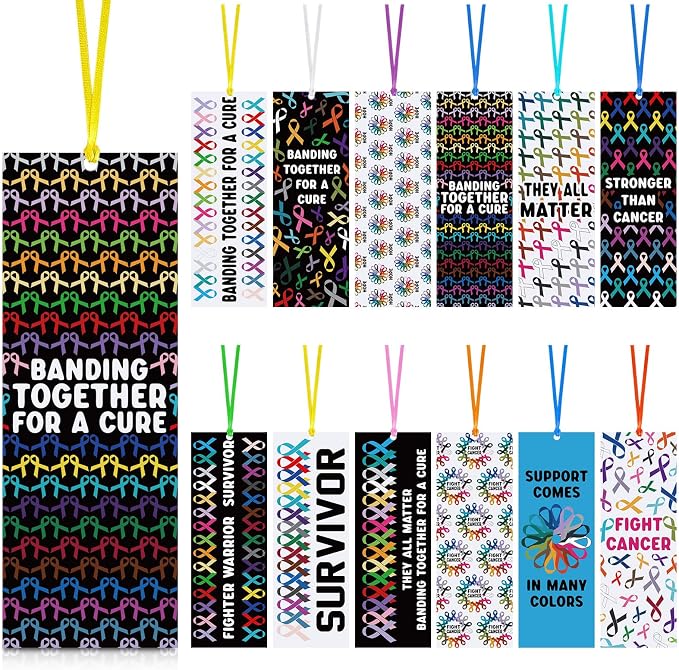 Yaomiao 120 Pcs Cancer Awareness Laminated Bookmarks Bulk Colorful Ribbon Bookmarks All Cancer Awareness Book Markers for Charity Fundraiser Support Items Office Supplies