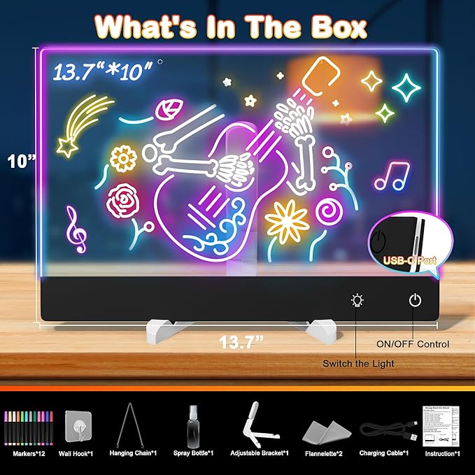 Rechargeable Lumi LED Drawing Board with 12 Markers,13.7"x10"LED Note Board Acrylic Dry Erase Board with 7 Colors Light, Doodle Glow Message Board for Halloween Christmas Birthday Gifts(Black)