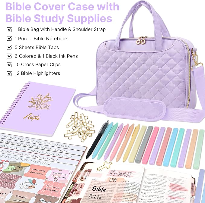 PUGPIU Bible Cover Case for Women, Large Quilted Bible Bag with Shoulder Strap and Handle, Bible Study Supplies Journaling Kit with Highlighters Pens No Bleed Tabs Notebook Cross Clips (Light Purple)
