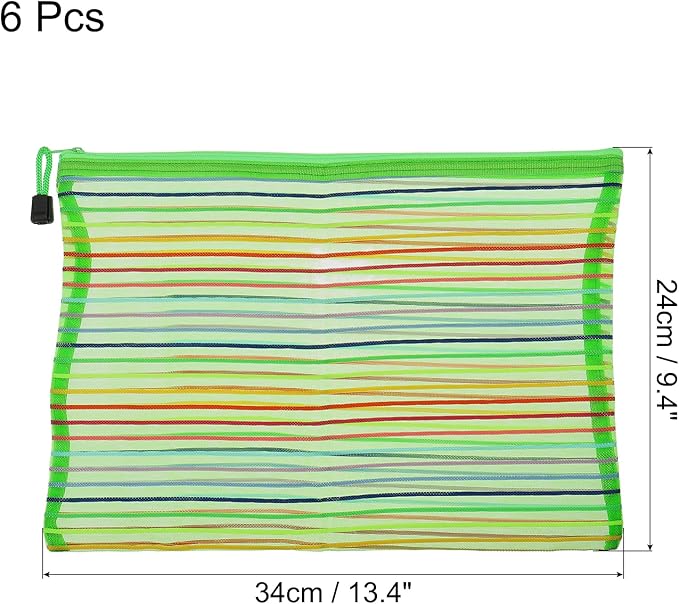 MECCANIXITY Mesh Zipper Pouches, A4 Colorful Pencil Case Document File Bags Storage Organizer for Office Supply Travel Accessory, Green Pack of 6