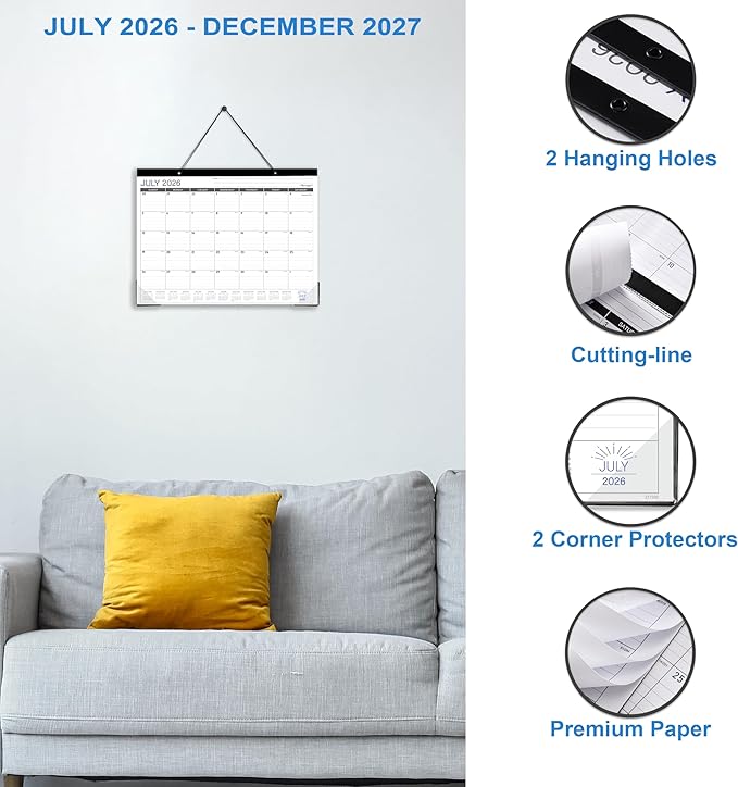Desk Calendar 2026-2027 - Desk/Wall Calendar 2026-2027, Jul 2026 - Dec 2027, 26-27 Calendars 18 Month, Desk Calendars with Corner Protectors, Large Ruled Blocks, Thick Paper, Colorful, 14.6" x 11.5", Desktop Calendar for Daily Organizer