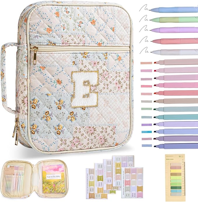Initial Bible Cover Case for Women Girls Kid Large Bible Cover with Durable Handle Quilted Bible Carrying Case for Girls Bible Study Supplies Accessories (Spliced Flower E, one Size)