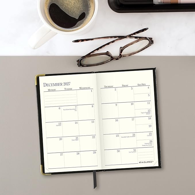 AT-A-GLANCE 2027 Planner, Weekly & Monthly, 3" x 5", Pocket Size Fine Diary, Faux Leather Hardcover, Black (7011110527)