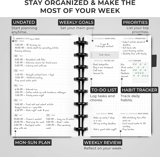 Clever Fox Disc-Bound Weekly Planner – Undated Monthly Notebook with Habit Tracker, Productivity Journal – Life, Work & Goal Organizer, 6.5 x 8.4" (Black)