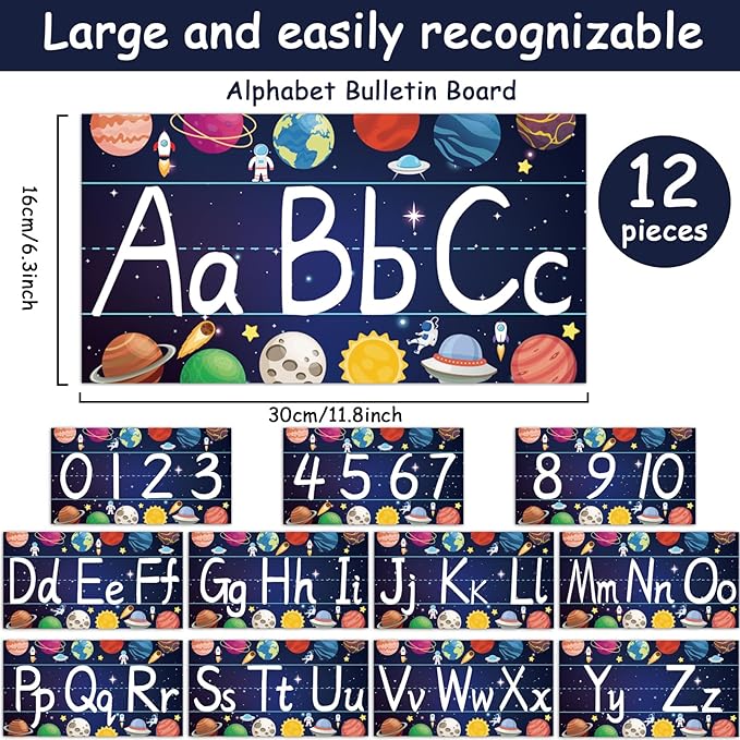 gisgfim 12 Pieces Alphabet Bulletin Board Strips Set Outer Space Alphabet Line ABC Alphabet Banner & Number Border Space Posters for Preschool Kindergarten Classroom Bedroom Playroom (Outer Space)