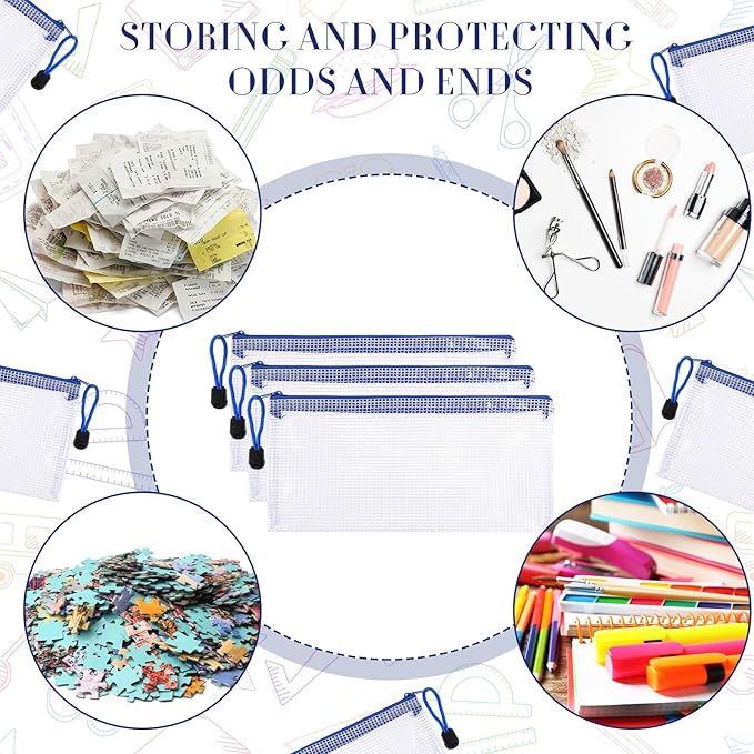 Sherr 120 Pcs Mesh Zipper Pouch A6 Pencil Pouches Bulk Small Clear Mesh Bags with Zipper 9.45'' x 4.53'' Waterproof File Bag Pencil Case for School Office Travel Organization(Blue)