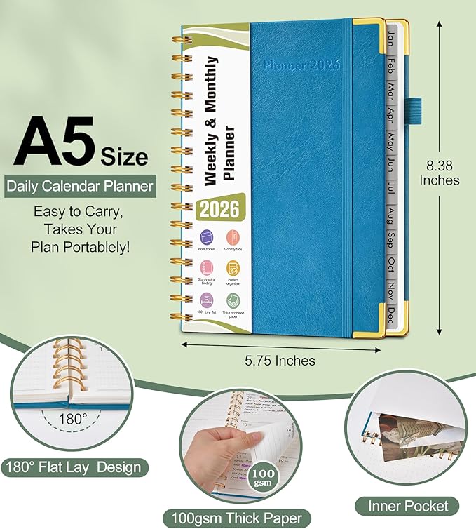 2026 Planner, Hardcover Leather Weekly and Monthly Planner, January 2026 - December 2026, Spiral Yearly Agenda Organizer Book 2026 with Tabs, Daily Calendar Planners for School Work Home, A5 (5.75" x 8.38"), Pacific Green