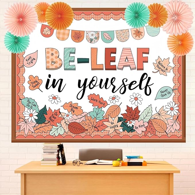 Containlol 77 Pcs Fall Thanksgiving Bulletin Board Decoration Thanksgiving Fall Maple Leaves Bulletin Board Set Be-Leaf in Yourself Boho Classroom Decor with 3D Paper Fans Cutouts for Autumn Decor