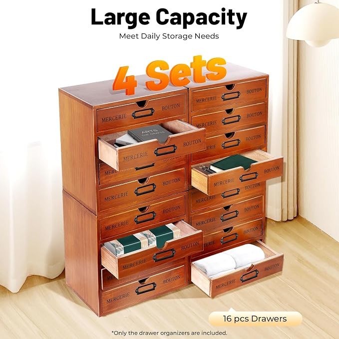 Vintage Drawer Wooden Drawers Organizer, Stackable Tiered Set of 4 Store Desktop Cabinets, 16-Drawer Desktop Organizer With Drawers, Metal Label Holder for Files Letters Herbs, Apothecary Cabinet