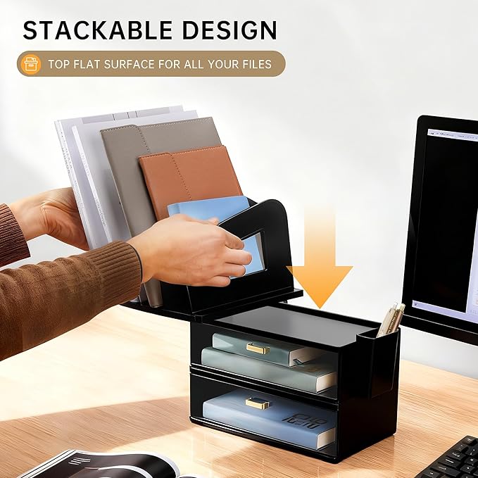 CiWiVOKi Desk Organizer with 4 File Holder Slots, 2 Clear Drawers & Dual Pen Holders, Sturdy Multi-Functional Desktop Storage for Home Office, Mail Sorter & Caddy, Black
